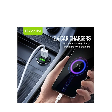 Bavin auto punjač 2.4A Dual 2xUSB-A + kabl type-A na type-C crna