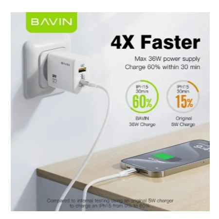 Bavin punjač 36W USB-A + USB-C bela - PC908Y