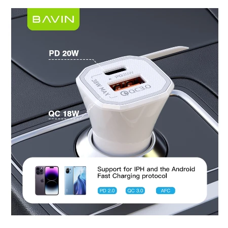 Bavin Auto punjač 20W PD QC3,0 USB&Type C bela - PC875