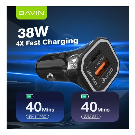 Bavin Auto punjač 20W PD QC3,0 USB&Type C bela - PC875