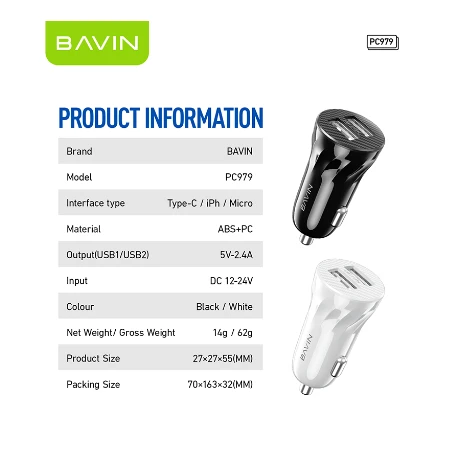 Bavin Auto punjač 2xUSB + kabl Micro crna - PC979