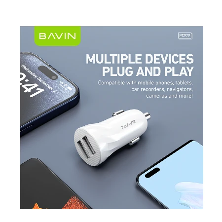 Bavin Auto punjač 2xUSB + kabl Lightning crna - PC979