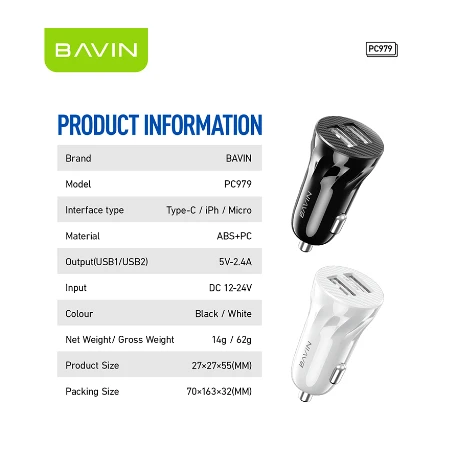 Bavin Auto punjač 2xUSB + kabl Lightning crna - PC979