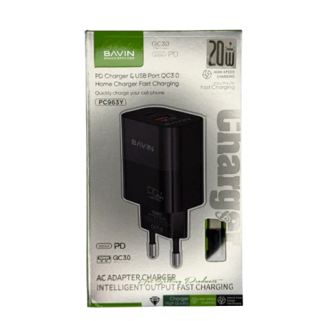 Bavin punjač 20W PD  Usb A/Type C + kabl C-C  PC963Y-CC crna