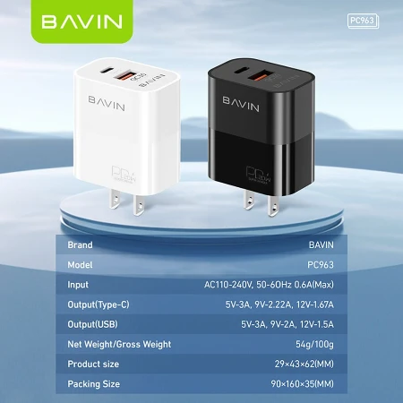 Bavin punjač 20W PD  Usb A/Type C + kabl C-C  PC963Y-CC crna