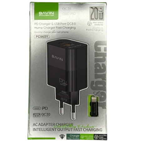 Bavin punjač 20W PD  Usb A/Type C + kabl C-IOS  PC963Y-PD crna