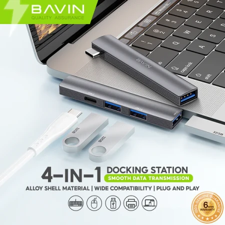 Bavin USB HUB 90° 4/1 3*Usb 2.0+ 1* Usb 3.0 siva HUB-16